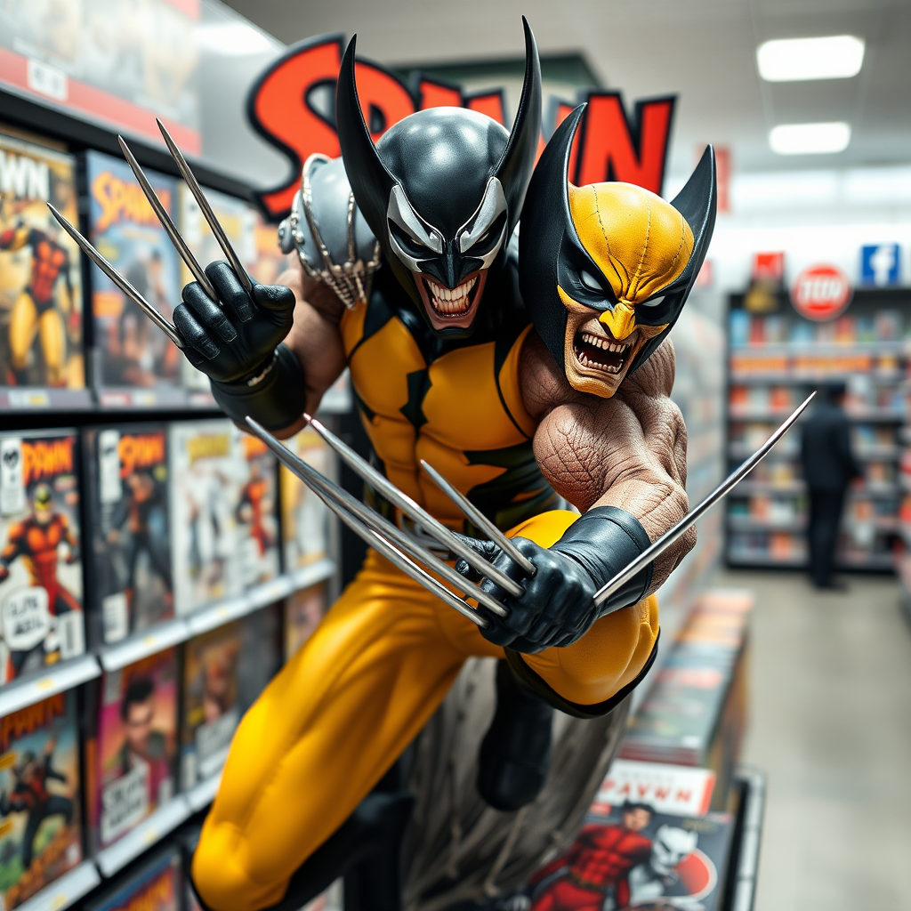 Jumping out of a Comic book cover on a store shelf is Spawn and Wolverine with his perfectly razor sharp claws in Cinematic Real3D photo-realistic quality.