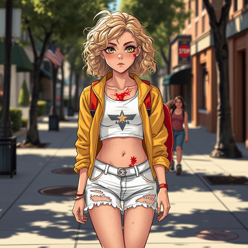 Realistic drawing style image, Extremely good quality 8k resolution drawn manga image of a 15 year old petite and short tomboy girl with golden blonde curly hair with mixed and different colored eyes for each eye and moles on her entire body and is a white American girl, Has on a Gold Jacket over a white extremely short crop top only covering her breasts and nothing more with a design on it, and has on ripped shorts and cool looking sneakers and a deep and big knife cut wound on her stomach from a huge injury she had, with a bright color backpack, ear piercings on, walking on the street to school in the morning with the beautiful sunlight lighting up her body beautifully with no tattoos.