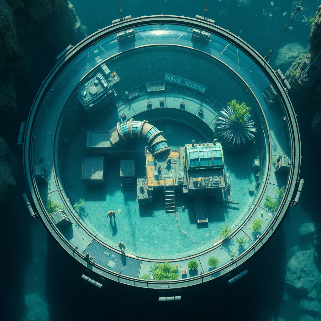 A look on a underwater base, city in a game, top view, modern 3d graphics. Inhabitants walking around, fixing the leaks, working in greenhouses, deep under water, glass dome around, large city