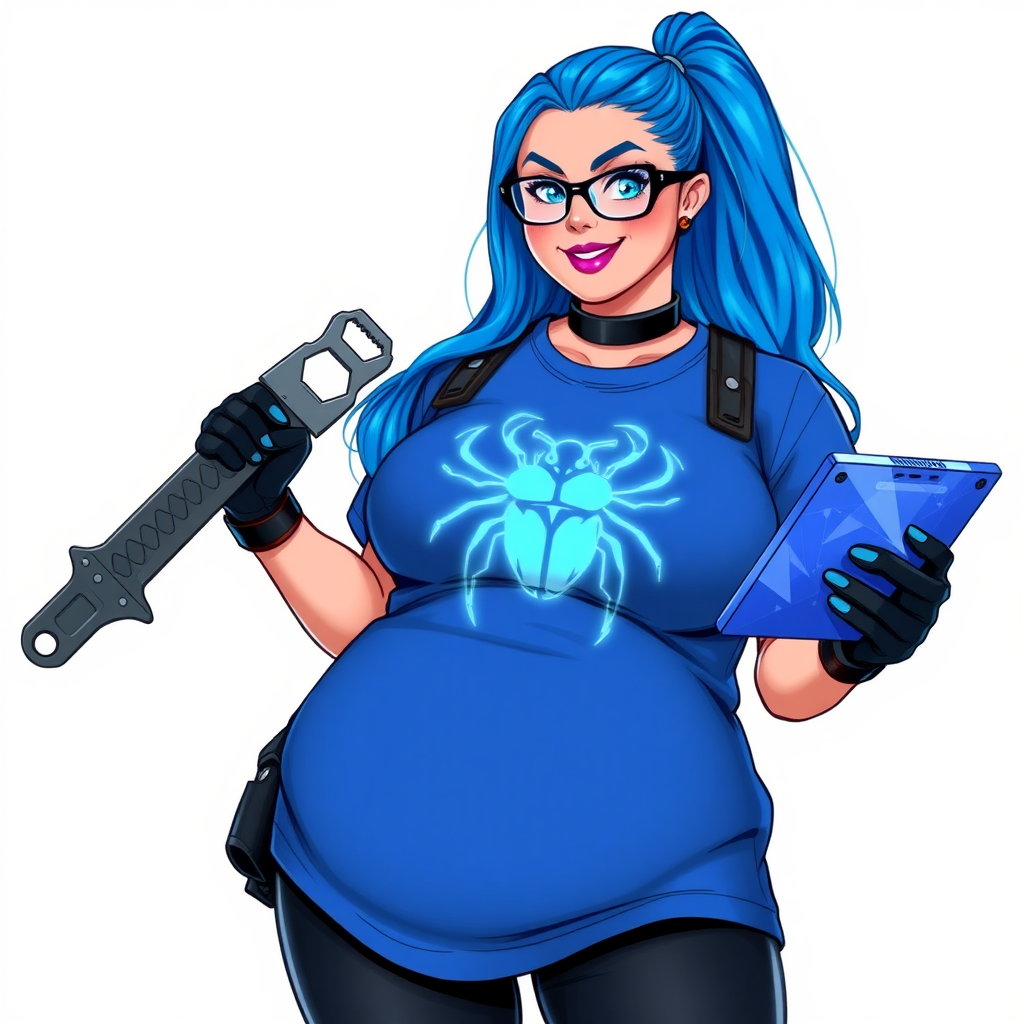 A 28-year-old, full-figured tech genius, she is the devoted girlfriend and sidekick of a cyberpunk vigilante. Her long, maximum blue ponytail and glowing sapphire eyes are striking features. Her prominent, round midsection, gigantic limbs, and broad shoulders define her full figure. As the loyal and supportive sidekick, she plays a crucial role in their missions, using her digital and technological prowess to assist and protect.

She wears an oversized maximum blue t-shirt with a glowing neon blue beetle chest icon, maximum blue lipstick, and black high-tech gloves. Her neon red blush and lovestruck smile are ever-present as she holds a futuristic wrench and a digital holographic tablet. Her full figure (especially her round midsection) shows how pampered she is by her doting boyfriend. Her nerdiness is unmistakable, accentuated by her black oversized eyeglasses. She is on a solid white background. Her tummy makes visible rumbling noises showing that obviously it's time to be massively pampered by her boyfriend. She serves as her boyfriend’s indispensable tech expert. She is drawn as if she was in a retro 2D cyberpunk fighting game.