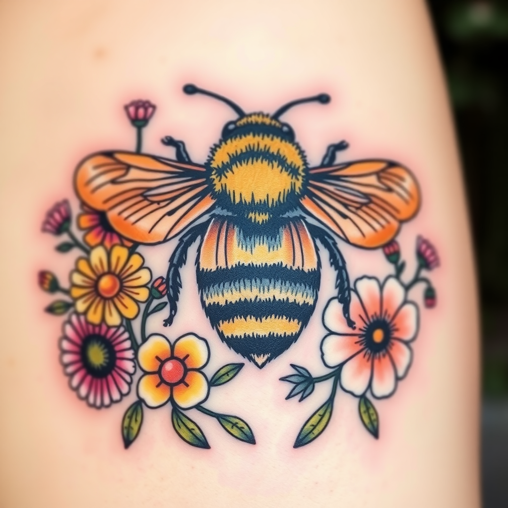 A tattoo design of a bumble bee with a large number of wild flowers around it.