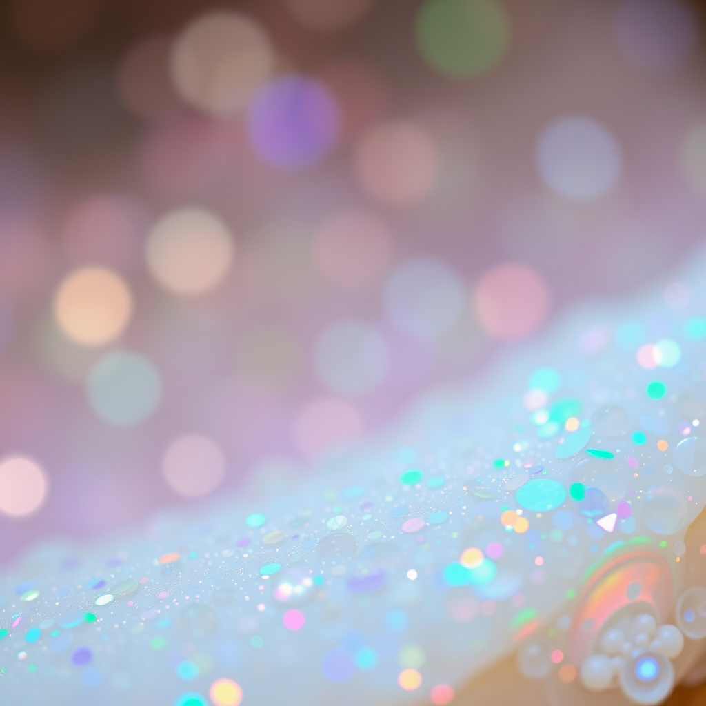 dreamscape, Bokeh, abstract, brilliant colors, glittering, translucent, mother of pearl, opal, iridescent, natural skin, glowing, artistic photo, wide angle, cute, interesting