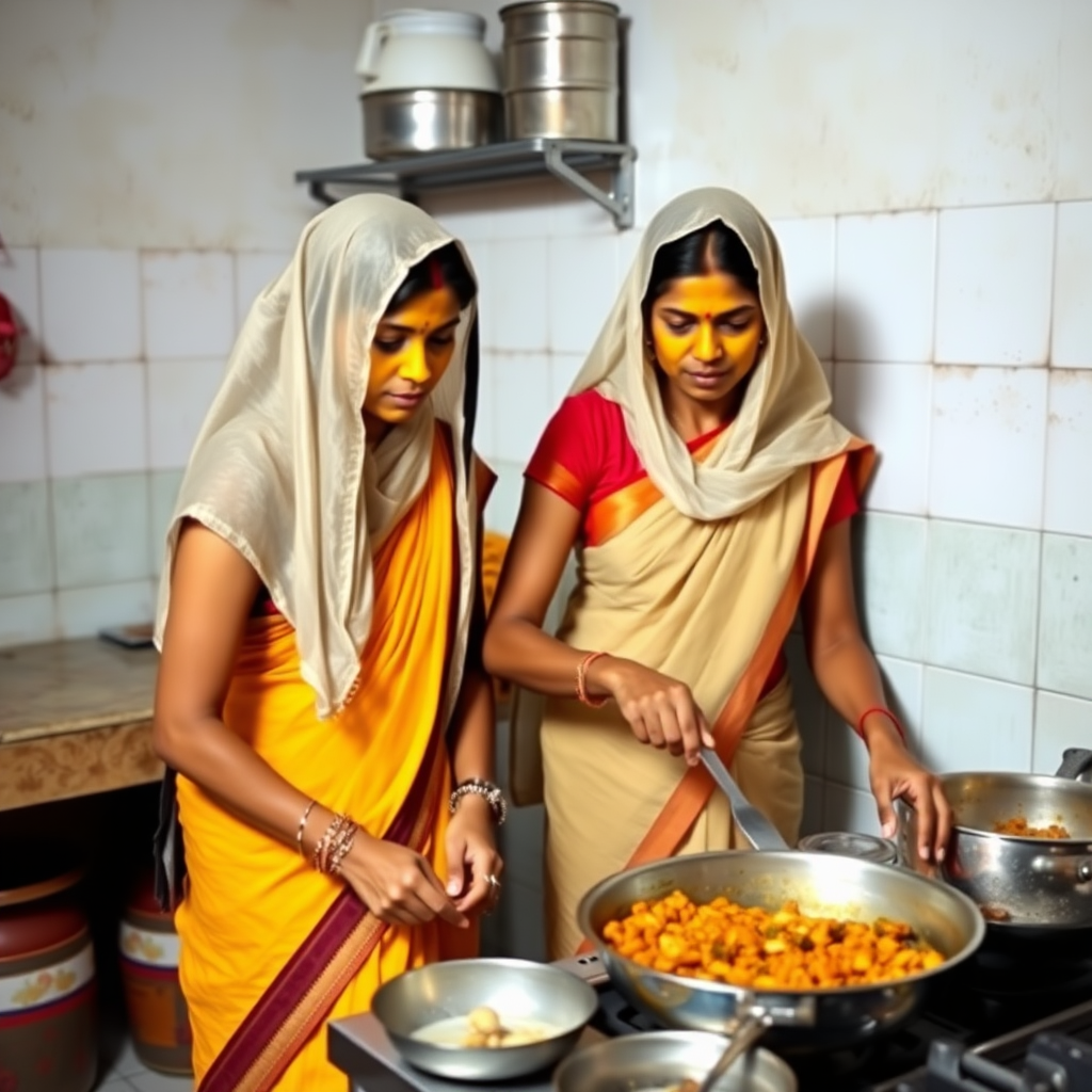 2 slim, 30 year old, Indian maids with long hair coverings. Saree pallu tucked to waist. They are cooking food in kitchen. Their face is covered with turmeric face mask.