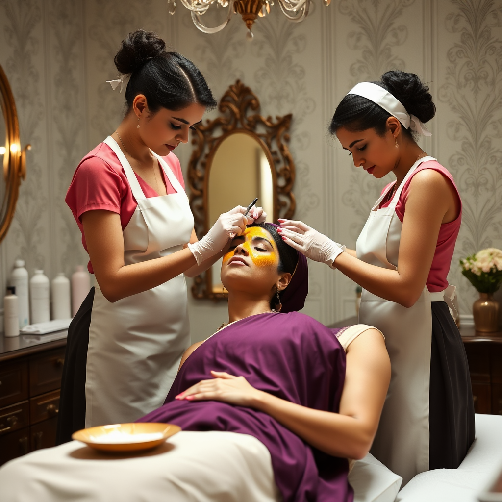 female french maids working in beauty parlour, giving turmeric facial to wealthy indian wife