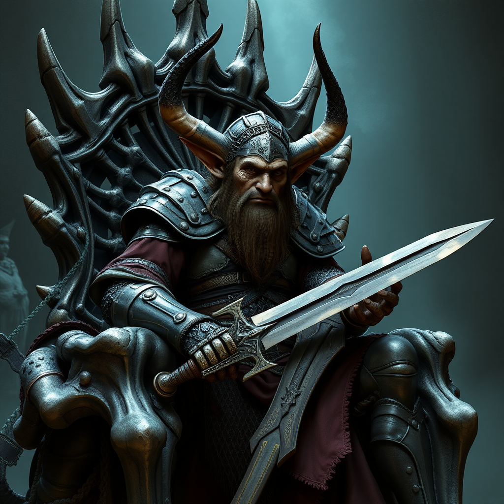 Fantasy style, Hobgoblin (dungeons and dragons 5th edition, around 30 years charismatic, wearing chainmail and a broadsword, one blade only he is sitting a bone throne, photorealistic