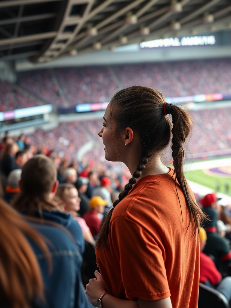 Attractive female NFL fan, pigtail hair, talking with friends, inside crowded bleachers, NFL stadium