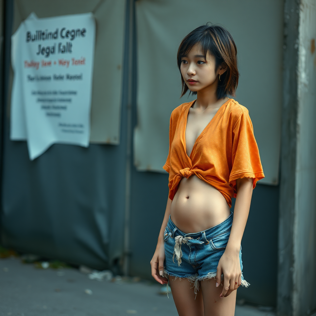 A young neglected, homeless, unhygienic-looking, unusually slim, almost anorexic Asian woman. Depicted as a whole person. Largely erotic, but with a sad and mystical expression on her face. The Asian woman is wearing a torn, old, transparent, very short, belly-baring piece of cloth and completely tattered, shredded, very old shorts. Shame is visible in her very Asian eyes. Standing in front of her is a 60-year-old German man. The good-looking German man, who appears youthful and well-groomed, looks at the Asian woman as if he wants to offer her his help. The German man is shaved and slim, has a normal fashionable haircut, his hair is dark brown, and he wears a new nice simple orange shirt with a subtle pattern and new blue jeans. The German man looks friendly and smiles slightly, looking at the Asian woman kindly, as if she were his daughter. The Asian woman can hardly look the German man in the eyes out of shame. The Asian woman's stomach appears slightly "inward" from hunger. Her navel is always visible. The Asian woman has a very beautiful, normal body shape. She has a very slight wound on her face. She looks as if she is about to cry. She appears pathetic, sad, and completely hopeless!