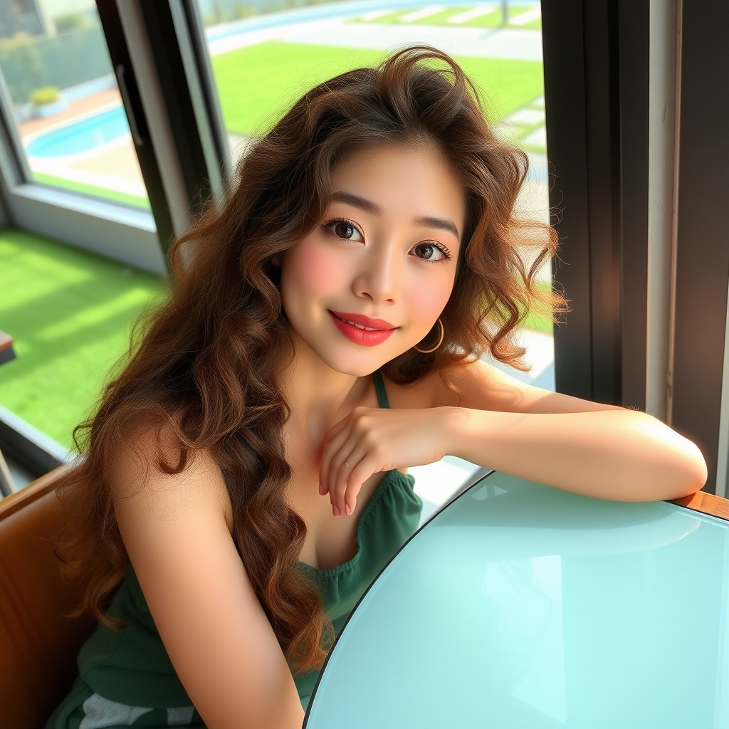 A 21-year-old beautiful Xiaohongshu blogger, with fair skin, big eyes, long curly hair, and an oval face, is sitting in a café, leaning on the table, with green grass and a swimming pool outside the window.