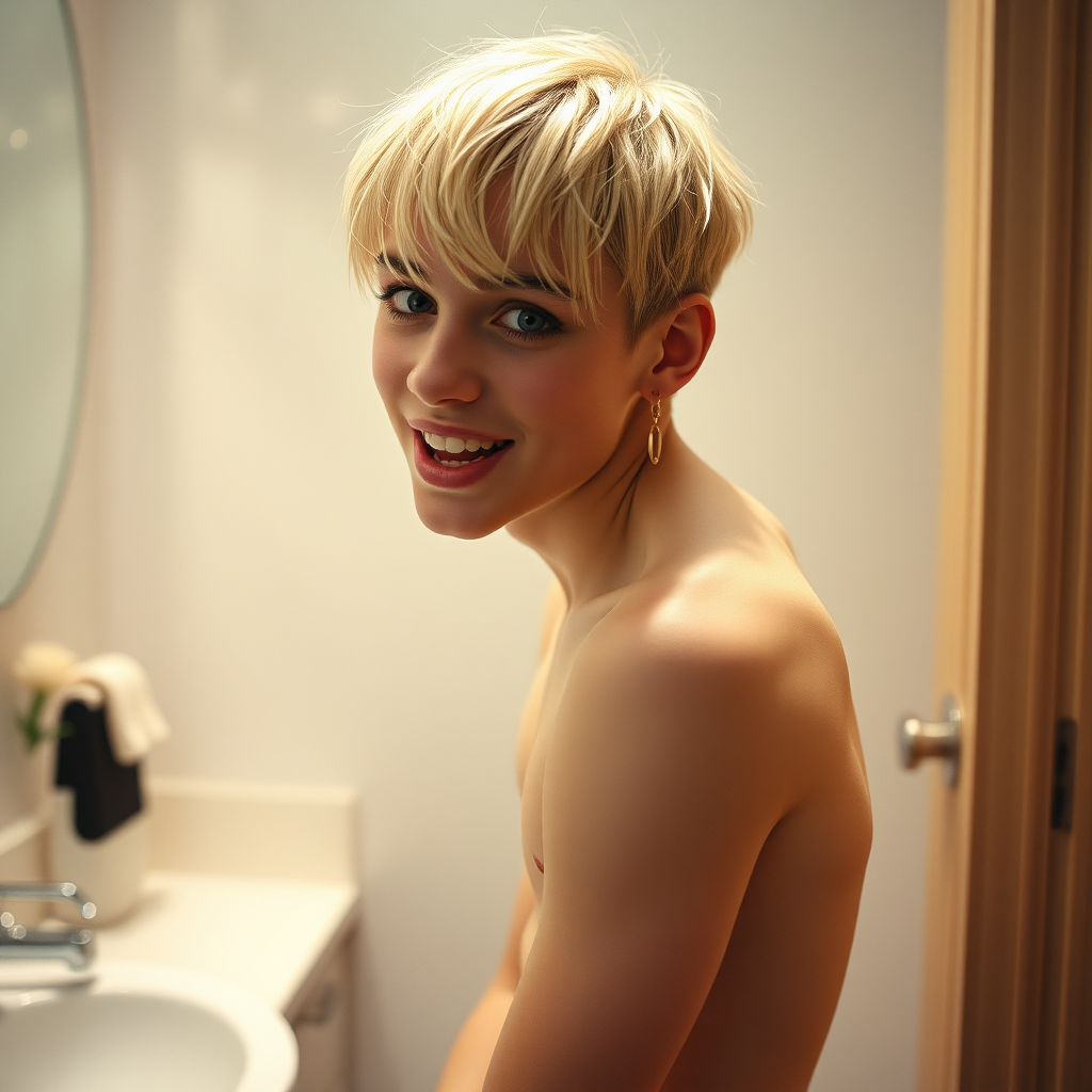 photorealistic, ultra high resolution, 16K, surreal fantasy, studio lighting, a pretty 14 year old goth boy, slim male physique, short blonde hair, goth makeup, earrings, pantyhose, white ballet shoes, in the bathroom, excited smile, facing the camera.