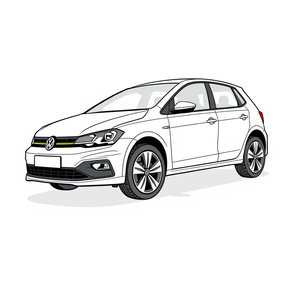 3 door white vw polo V car, long establishing shot, 2D, caricature, cartoon, Sketch lines, coloring book, coloring book style on white background, well composed, clean coloring book page, No dither, no gradient, strong outline, No fill, No solids, vector illustration, realistic proportions, left side view