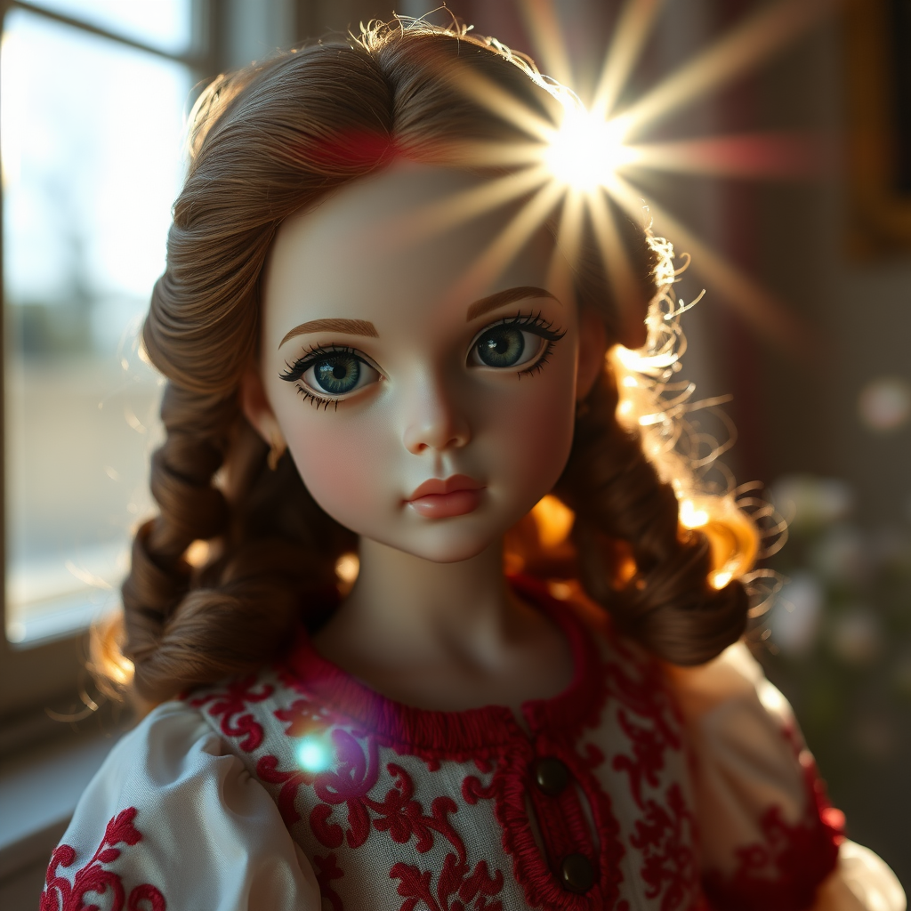 ooak art doll, artist doll, realistic doll, life-like porcelain doll, unique personality, stunning eyes, bisque doll, bjd, dynamic pose, embroidered traditional dress, classicist art, portrait photography, romanticism, low key lighting, sun shining through the window, dept of field