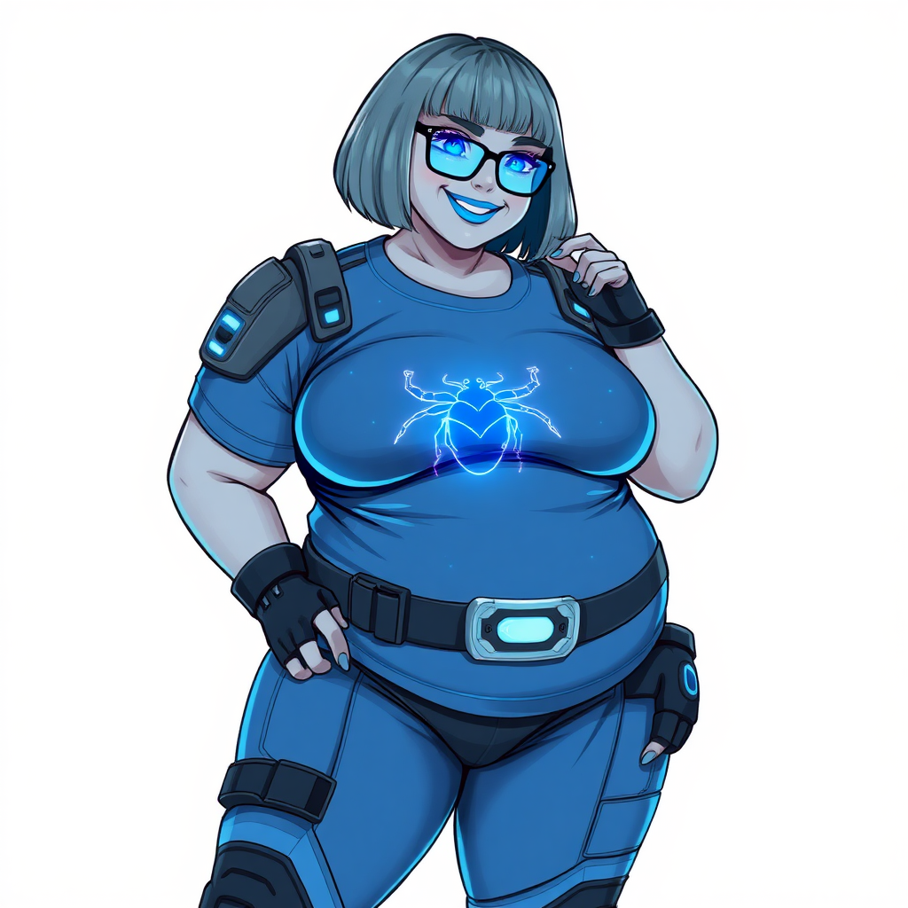 A 28-year-old, full-figured, metallic light neutral gray (N7) skinned computer program hybrid with a maximum blue bob cut. She has a non-athletic build, highlighted by a prominent, round, large midsection (with full emphasis on her large belly), which shows the effects of her love of junk food acquired from her boyfriend. As the full-figured, nerdy, digital sidekick to her cyberpunk vigilante boyfriend, her metallic light neutral gray skin and maximum blue lipstick (5PB 5/12) emphasize her digital nature. Her skin has a subtle, animated glow, with digital patterns occasionally flickering across it, making her digital nature obvious. She wears a digital, computerized costume, consisting of a huge, tight-fitting, maximum blue t-shirt (5PB 5/12) with a neon blue glowing chest icon of a beetle, hi-tech shoulder pads with neon blue accents, a black hi-tech belt with a digital neon blue glowing buckle, digital maximum blue biker pants (5PB 5/12) with neon blue accents, and black hi-tech fingerless biker gloves with neon blue glowing accents. Her neon blue glowing eyes, black eyeglasses with neon blue glowing lenses equipped with a built-in HUD, and bashful smile with neon red blush accentuate her nerdiness. She stands bashfully with one hand behind her back and the other hand gently touching her cheek, her costume covering all her skin and fully emphasizing her full-figured physique (especially her large belly). She is clearly non-athletic, with a full focus on her full-figured physique. Despite her build, she radiates beauty. She has a slim face compared to her physique, accentuating her radiant beauty. She is on a solid white background. She is drawn as if she were in a retro 2D cyberpunk fighting game.