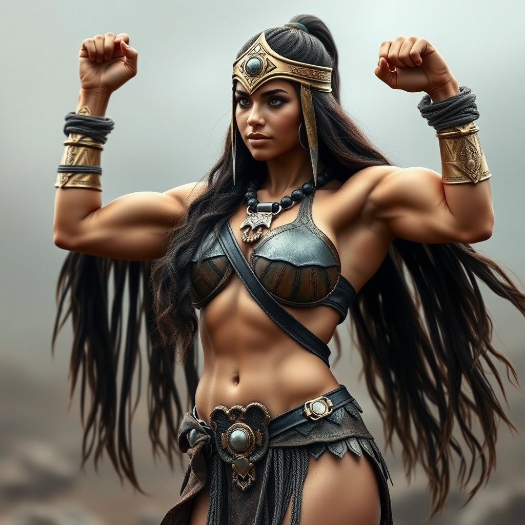 a legendary warrior flexing her Amazonian figure. Arms up. She's not too muscular, more feminine and strong looking. Insanely detailed DSLR photograph