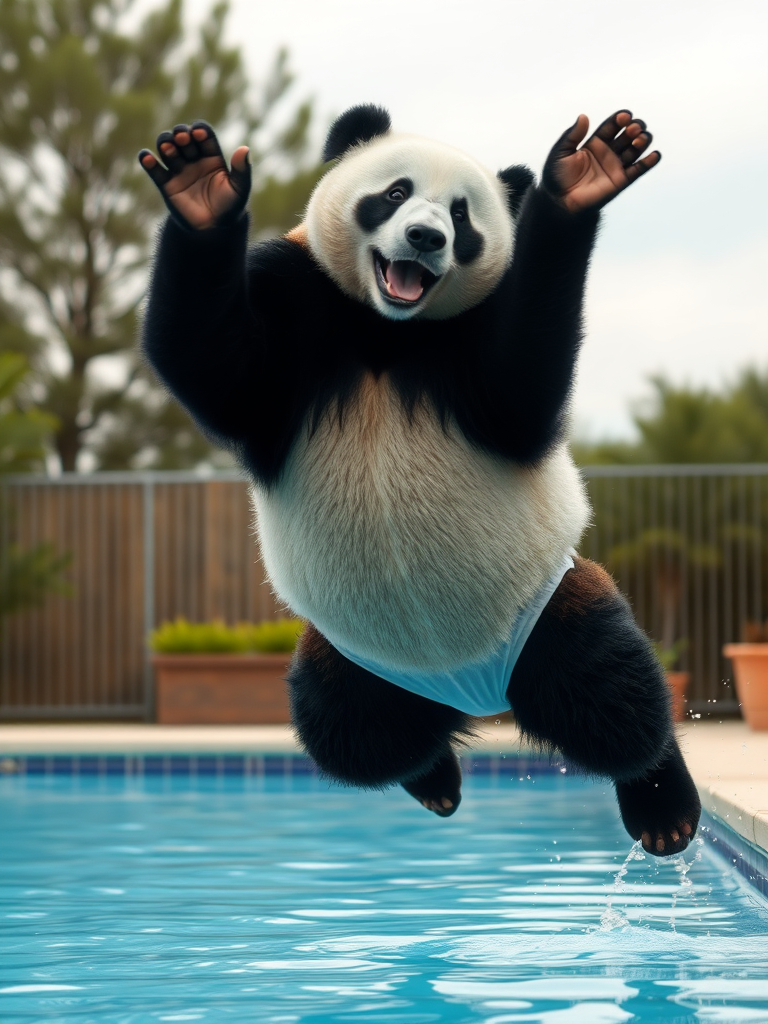 A panda bear wearing a men's style speedo jumping into a pool