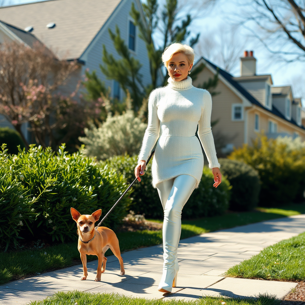 1990s The Hamptons sunny spring morning, chichi-society super luxury neighborhood, walking her Chihuahua: Ana, European 17 years old very convincing femboy “trophy-bimbo”, tamed servile docile, very beautiful feminine flawless face, rather short boyish figure, platinum blond short tight curls, bold red lips, heavily made-up face, long French nails, wearing Supertanya-style very long and tight fluffy very fuzzy bright white angora figure-hugging turtleneck-sweaterdress with white pearl decoration, white vinyl thigh-high boots with golden heels, pearl earrings, arrogant serious, prancing holding leash.