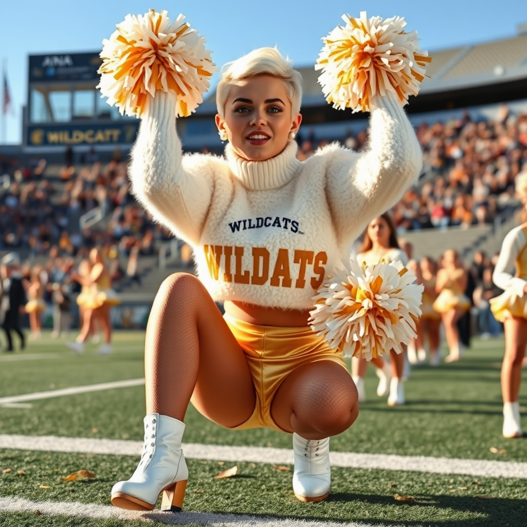 Sunny cold fall noon, college football stadium game, cheerleaders squat: Ana, European 17 years old very convincing femboy “QB’s trophy-bimbo”, tamed servile docile, very beautiful feminine flawless face, rather short boyish figure, platinum blond short tight curls, bold red lips, heavily made-up face, wearing cropped chunky fluffy very fuzzy bright white plushy mohair turtleneck-sweater with “gold “WILDCATS” letters, vinyl gold short shorts, mesh pantyhose, white vinyl thigh-high boots with golden heels, large gold-white pompoms, pearl earrings, pearl belly piercing, striking pearl tongue piercing, cheering loud with pompoms over her head, presenting her assets, trying to attract visitor’s coach.