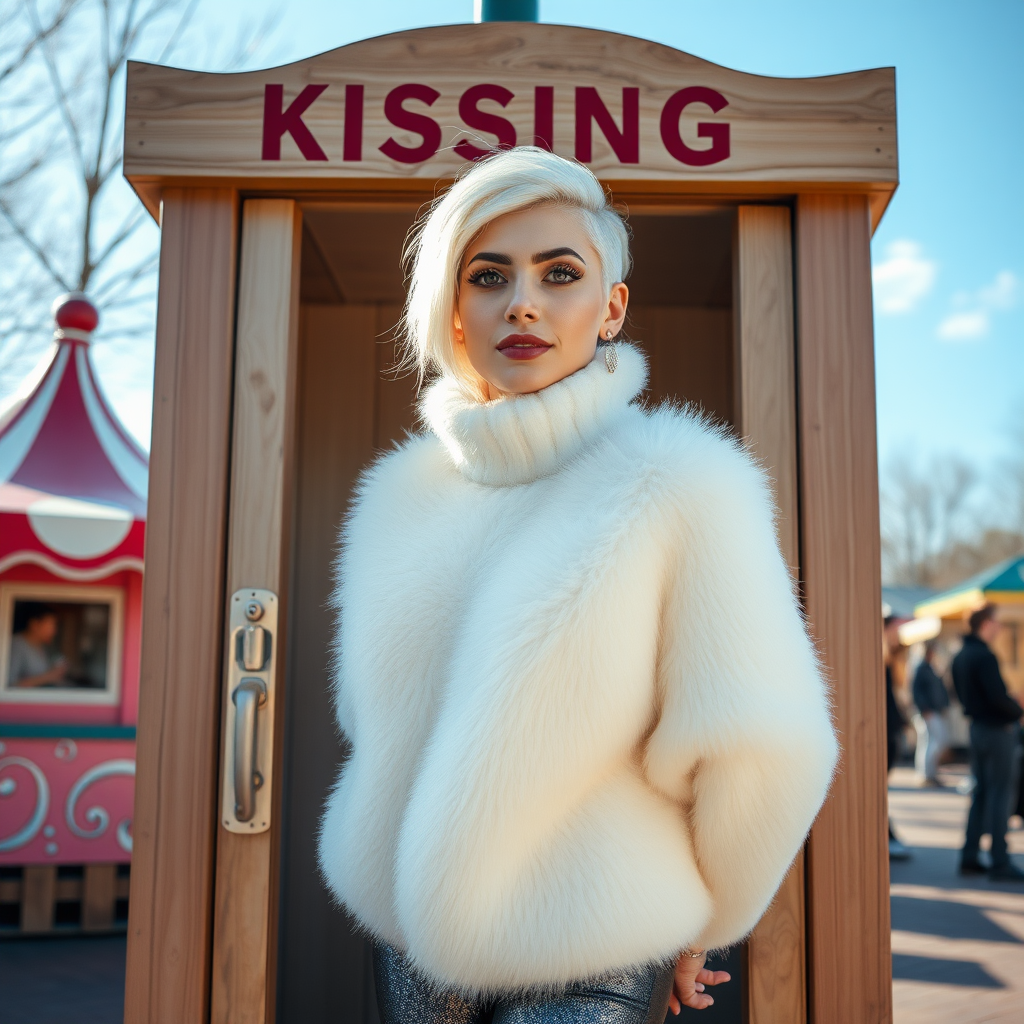 Amusement park wooden “kissing booth”, sunny spring Sunday morning. Sam, 19 years old beautiful involuntary femboy, rebellious intractable character, petite boyish figure, platinum blond boyish rebel punk hairstyle, flawless heavily made-up face with sharp arched tattooed eyebrows, wearing Supertanya-style fluffy very fuzzy bright white angora thigh-length turtleneck-poncho fully covering body and arms, silver-glitter leggings, black leather high-heeled pumps, silver earrings, both hands tied to pole behind back, standing inside kissing booth, waiting for next customer to kiss. Focus on Sam’s face and turtleneck-poncho.