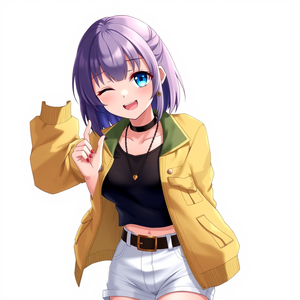 (best quality), ((masterpiece)), (highres), illustration, original, extremely detailed,1girl, solo, shorts, one eye closed, jewelry, jacket, breasts, smile, open mouth, choker, earrings, short shorts, open jacket, blue eyes, shirt, black shirt, open clothes, looking at viewer, necklace, black choker, yellow jacket, camouflage, cowboy shot, bangs, collarbone, white shorts, hands up, wristband, ring, high-waist shorts, medium breasts, medium hair, camouflage jacket, parted bangs