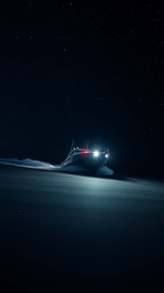 Photograph very close of a boat with bright red and blue lights and white headlights illuminating ahead, which is sailing at full speed. Night-dawning beach scene capturing the infusion of dark gray sands with shallow, starlit waters, solitude in the middle of the star-studded sky seamlessly passing into the desolate but intriguing dark ocean, high contrast, black background amplifying the brightness of the stars, delicacy of the waves, digital painting, Ultra-thin, high-octane rendering. Image taken from a drone on a modern boat gliding over the sea with its bright lights.