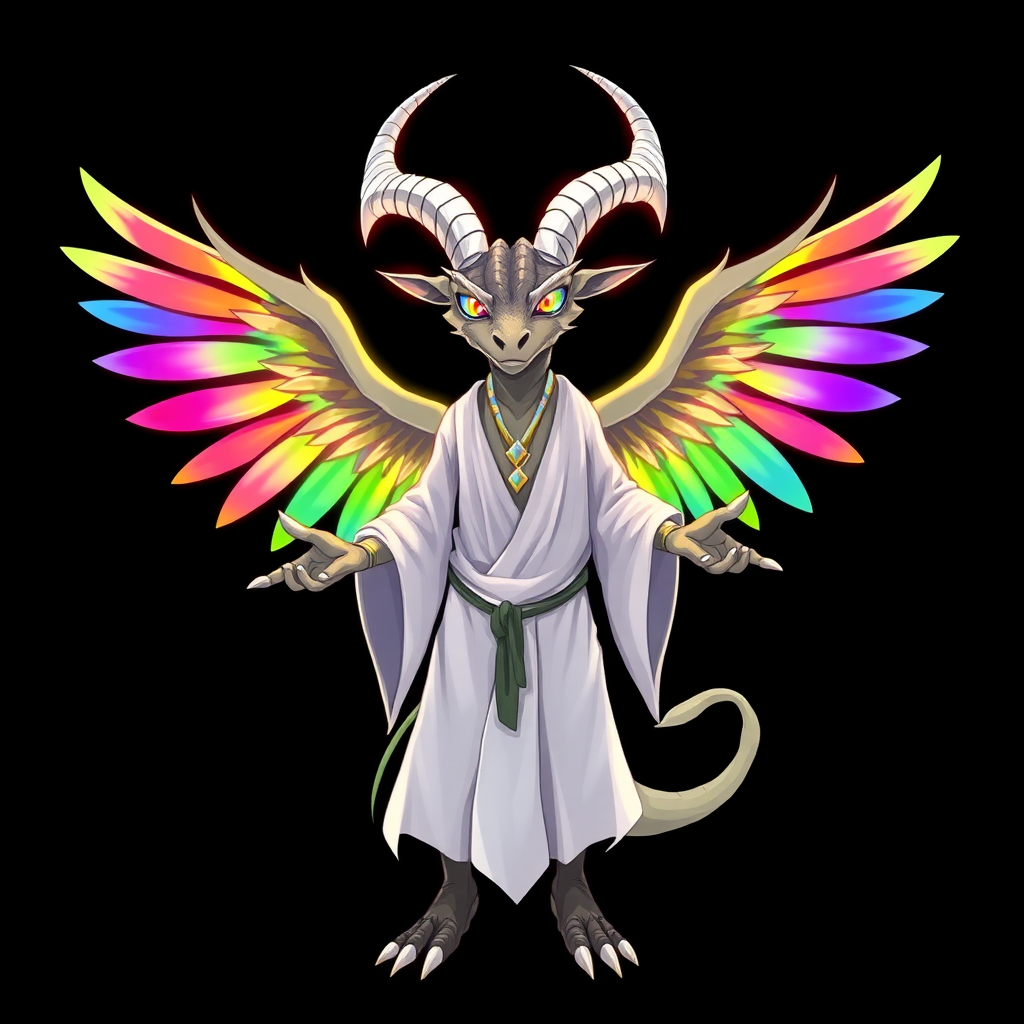 (Anime-styled art), A striking image set against a black background features a tall, reptilian humanoid resembling a goat, adorned with two elegant white horns. Its mesmerizing rainbow eyes shine with intensity, while it wears flowing white robes. A vibrant, chaotic aura radiates around its entire form, and it stands with outstretched hands, showcasing three magnificent rainbow-hued angelic wings that embody a sense of chaos and beauty.