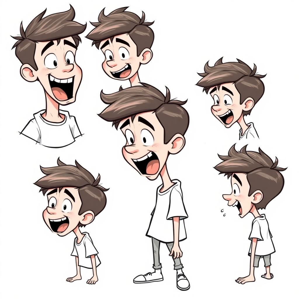 multiple views with progression, character design sheet, short, excited, smiling, loathing, open mouth, sweating, 15 year old european boy, drooling, detailed features, long establishing shot, 2D, caricature, cartoon, Sketch lines, coloring book, coloring book style on white background, well composed, clean coloring book page, No dither, no gradient, strong outline, No fill, No solids, vector illustration, side view, vector illustration, empty space around each view, movement lines