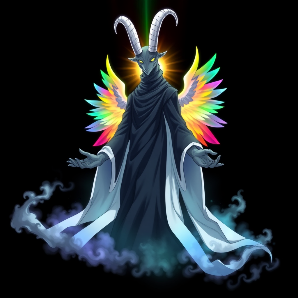 In an anime-styled artwork set against a deep black background, a towering humanoid figure reminiscent of a tall, reptilian goat god commands attention. Its striking rainbow-colored eyes shimmer with an ethereal light, framed by two majestic white goat horns that curve elegantly from its head. Draped in flowing black and white robes that ripple like smoke, the figure exudes an air of mystique and power. Surrounding its form is a chaotic, radiant aura that shifts through the colors of the rainbow, creating a mesmerizing spectacle.

Three magnificent angelic wings, each a vibrant blend of rainbow hues, unfurl gracefully from its back, their feathers shimmering with an otherworldly glow. With hands outstretched as if inviting connection, the figure floats serenely in the void, its gaze locking onto the viewer with an intense, otherworldly presence that captivates and enchants.