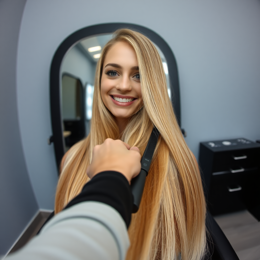 POV, beautiful very long haired blonde woman sitting in a hair salon smiling at the camera while I reach out from behind the camera to trim her very long hair. Plain gray background.