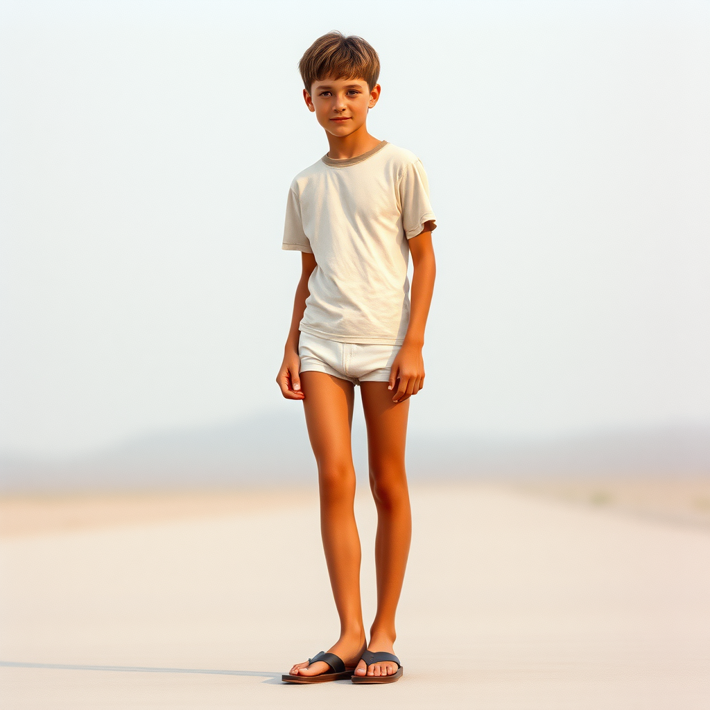 photorealistic, ultra high resolution, 16K. A skinny 14yo teen boy wearing t-shirt, tight booty shorts, sandals. Long legs, bare thighs, narrow hips. 1980s. Negative: grainy, blurry, bad anatomy, extra limbs, watermark.