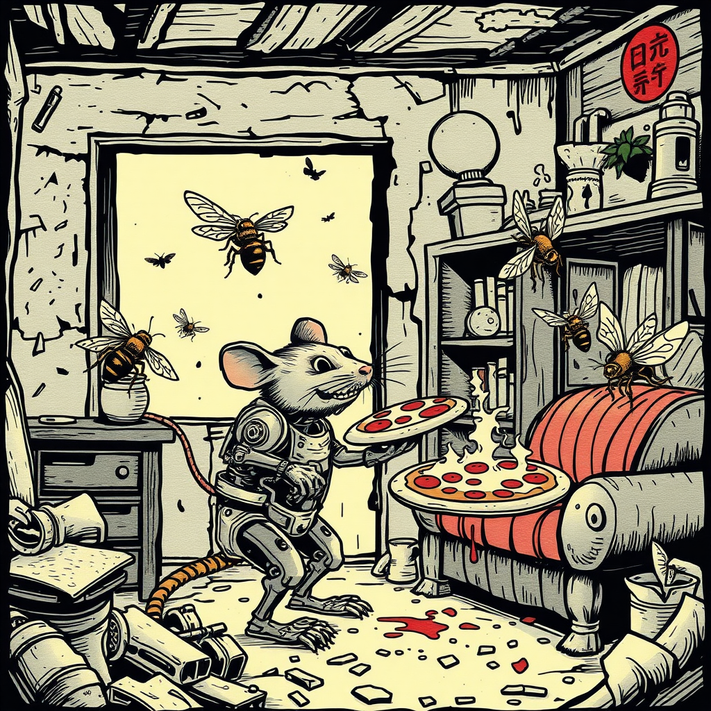 A cyborg rat delivering pizza to angry bees in a decayed apartment, Chinese woodcut