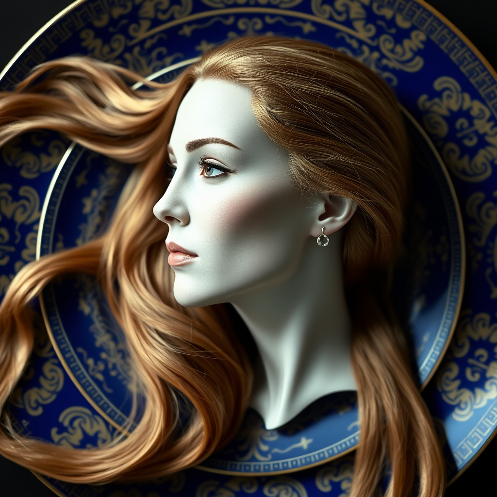 In a bizarre and captivating tableau, a surreal image unfolds: the elegantly poised, disembodied head of Kate Middleton, her features exquisitely refined, rests regally on an ornate porcelain plate. Her long, flowing hair cascades gracefully around the edges of the plate, reminiscent of golden silk streaming through the air. The striking contrast of her porcelain skin against the deep, rich hues of the plate—a royal blue adorned with intricate gold patterns—creates an unsettling yet alluring visual.