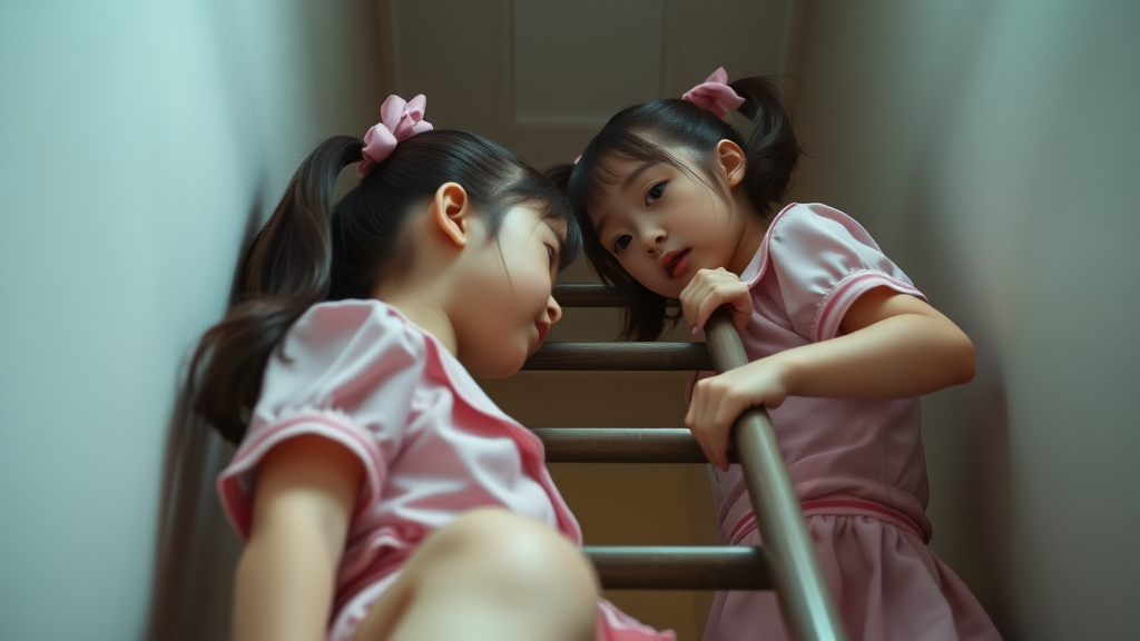 chubbyy 14 year old japanese schoolgirls in pink pigtails, tiny or small skirt, climbing a ladder,read low angle pov