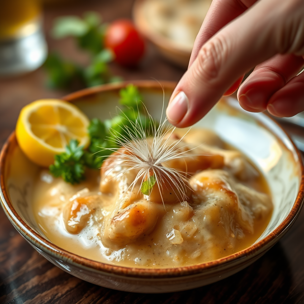 A lovely meal that has a few hairs in it. The hairs are being picked out by a hand.