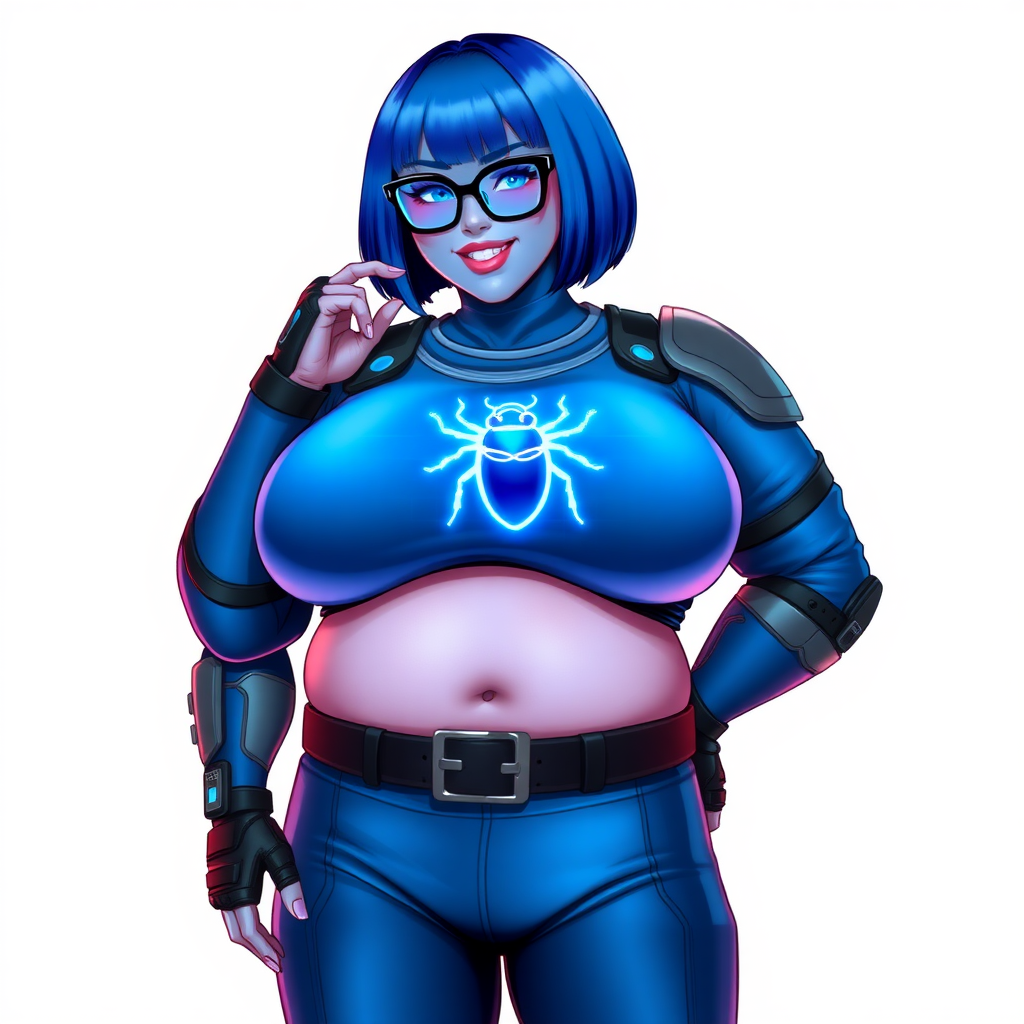 A 28-year-old, full-figured, metallic maximum blue (5PB 5/10) skinned computer program hybrid with a maximum blue bob cut. She has a non-athletic build, highlighted by a prominent, round, large midsection (with heavy emphasis on her round large belly), which shows the effects of her love of junk food acquired from her boyfriend. As the full-figured, nerdy, digital sidekick to her cyberpunk vigilante boyfriend, her metallic maximum blue skin and maximum blue lipstick (5PB 5/12) emphasize her digital nature. Her skin has a subtle, animated glow, with digital patterns occasionally flickering across it, making her digital nature obvious. She wears a digital, computerized costume, consisting of a massive, tight-fitting, maximum blue biker shirt (5PB 5/12) made out of advanced nanotech with a neon blue glowing chest icon of a beetle, hi-tech shoulder pads with neon blue accents, a black hi-tech belt with a digital neon blue glowing buckle, digital maximum blue biker pants (5PB 5/12) with neon blue accents, and black hi-tech fingerless biker gloves with neon blue glowing accents. Her neon blue glowing eyes, black eyeglasses with neon blue glowing lenses equipped with a built-in HUD, and bashful smile with neon red blush accentuate her nerdiness. She stands bashfully with one hand behind her back and the other hand gently touching her cheek, her costume covering all her skin and emphasizing her full figure (especially her round large belly). She is clearly non-athletic, with a focus on her full-figured physique. Despite her build, she radiates beauty. She has a slim face compared to her physique, accentuating her radiant beauty. She is on a solid white background. She is drawn as if she were in a retro 2D cyberpunk fighting game.