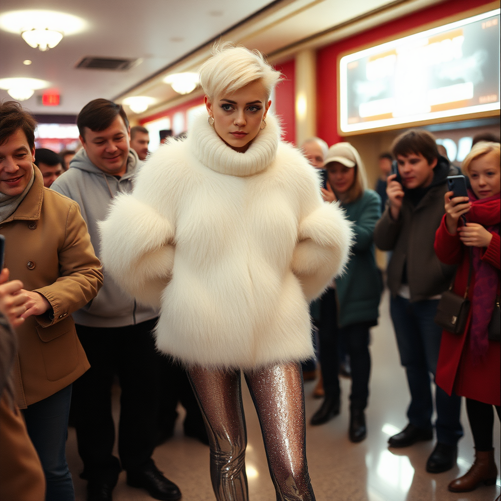 1990 winter evening, crowded cinema lobby: Sam, 19 years old beautiful involuntary femboy, rebellious intractable character, petite boyish figure, platinum blond boyish rebel punk hairstyle, flawless heavily made-up face with sharp arched tattooed eyebrows, wearing Supertanya-style fluffy very fuzzy bright white angora thigh-length turtleneck-poncho fully covering body and arms, silver-glitter leggings, black leather high-heeled pumps, silver earrings, puzzled alarmed, pout serious, impatiently waiting for her master. Other visitors watching laughing taking pictures. Full view of scene.