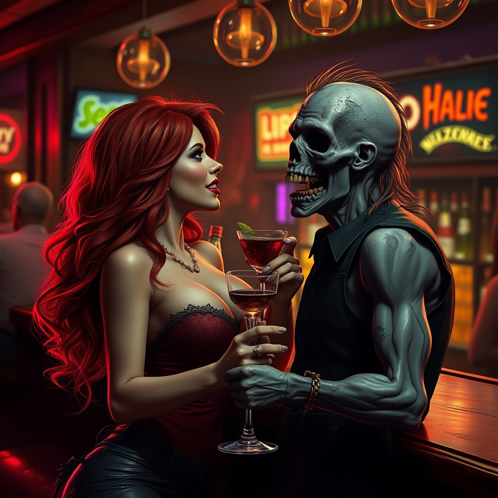 a busty redhead flirting with a zombie at the bar