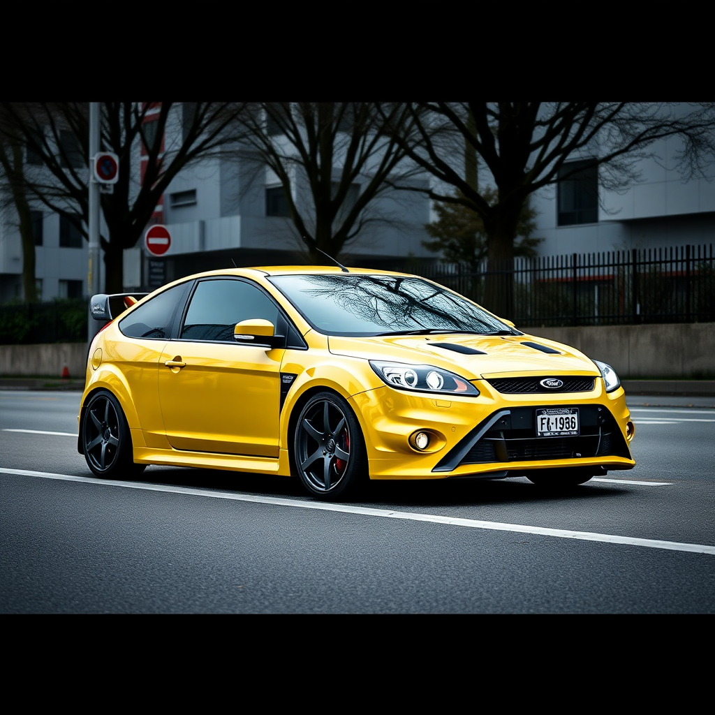 Ford Focus RS 2009 car is parked on the side of the road, inspired by Taiyō Matsumoto, tumblr, restomod, nd4, c4