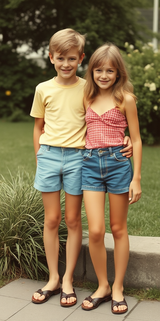 A vintage photo, 1970s. A skinny 14yo teen boy and girl. British. Long legs, bare thighs. Hot summer. Full length view.