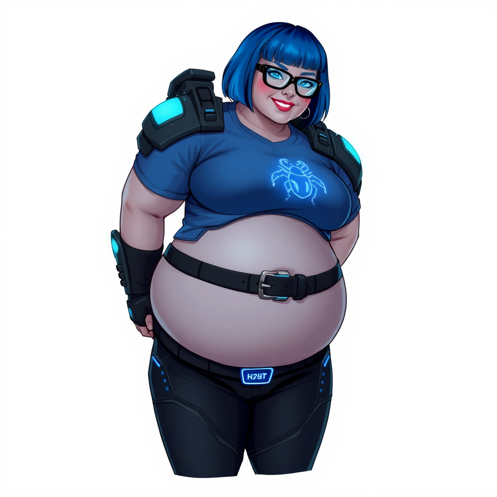 A 28-year-old, full-figured, middle gray skinned computer program hybrid with a maximum blue bob cut. She has a non-athletic build, highlighted by a prominent, round, large midsection (with heavy emphasis on her belly). As a digital sidekick, computer hacker, and nerdy girlfriend to her cyberpunk vigilante boyfriend, her middle gray metallic skin and maximum blue lipstick emphasize her digital nature. She wears a digital, computerized costume consisting of a gargantuan, tight-fitting, hi-tech, maximum blue t-shirt with a neon blue beetle glowing chest icon, hi-tech shoulder pads with neon blue accents, a black digital belt with a digital neon blue glowing beetle buckle, black biker pants with neon blue glowing accents, and black hi-tech gloves with neon blue glowing accents. Her neon blue glowing eyes, black eyeglasses with a neon blue glowing HUD built in its lenses, and lovestruck smile with neon red blush accentuate her nerdiness. She stands bashfully with her hands behind her back, her costume covering all her skin and emphasizing her full-figured physique (especially her belly). She is clearly non-athletic, with a focus on her full-figured physique. Despite her build, she radiates beauty. She is on a solid white background. She is drawn as if she was in a retro 2D cyberpunk fighting game.