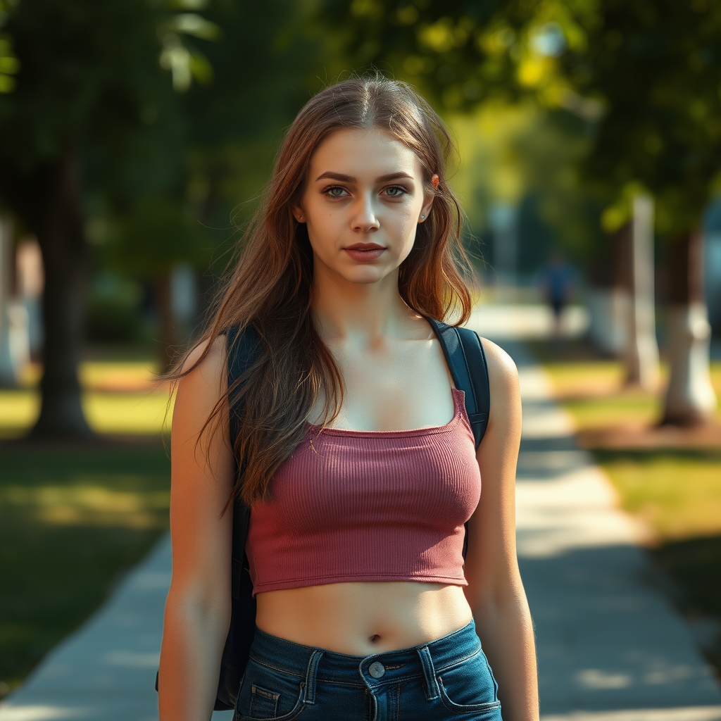 40mm, 4k textures, cinematic light, RAW photo, realistic details, photorealism, ((photorealistic)), Best quality, masterpiece, ultra high res, (photorealistic:1.4), raw photo, A high-resolution, A high-resolution, A high-resolution, realistic photograph, Ultra Realistic taken photo style image, Extremely good quality 4k image of a Russian 12 year old middle school petite extremely pretty girl with a crop top and beautiful skin, image of her and her body from head at least to her waist if not lower walking on a middle school campus