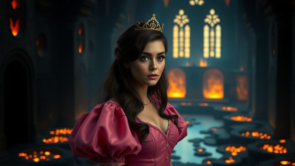 Interior. Dark castle illuminated by pools of glowing lava. Woman with long, styled brunette hair. Wearing extravagant pink dress with puffy sleeves, and small golden crown. She looks concerned.