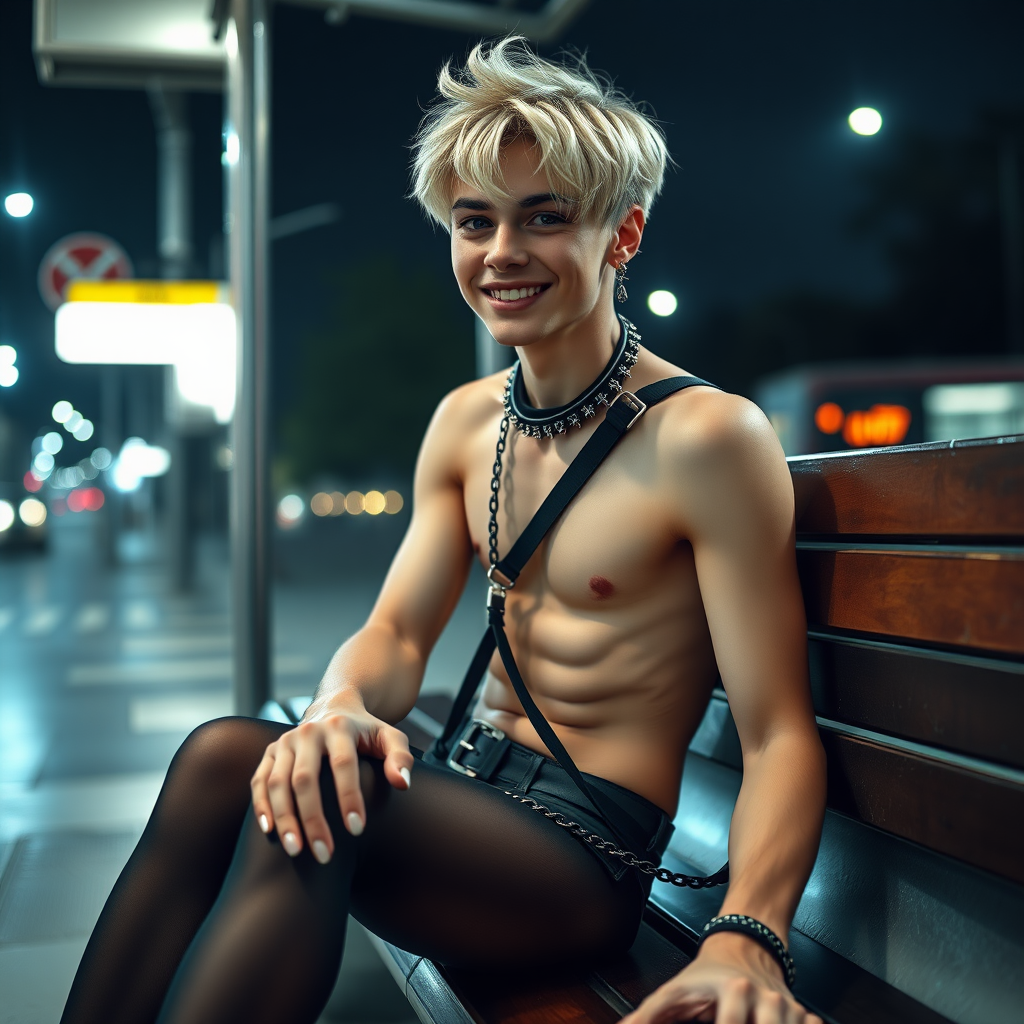 photorealistic, ultra high resolution, 16K, surreal fantasy, studio lighting, a pretty 19 year old goth boy, slim male physique, short blonde hair, goth makeup, earrings, pantyhose, harness, spikey dog collar and leash, trainer-bra, white ballet shoes, sitting on a bench at the bus stop, excited smile, facing the camera.