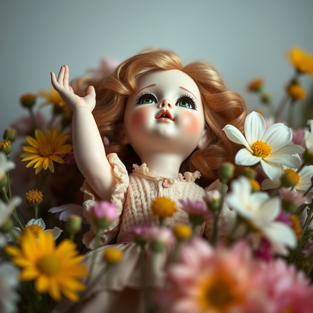 ooak art doll in a bed of flowers, looking up, exhilarated, artistic photograph, artist doll, realistic doll, life-like porcelain doll, handmade, one of a kind, focus stacking, abstract, minimalist art, in focus, hyperfocal, bisque porcelain, Victorian dress, floral, symmetric, sacred geometry, original, unique personality