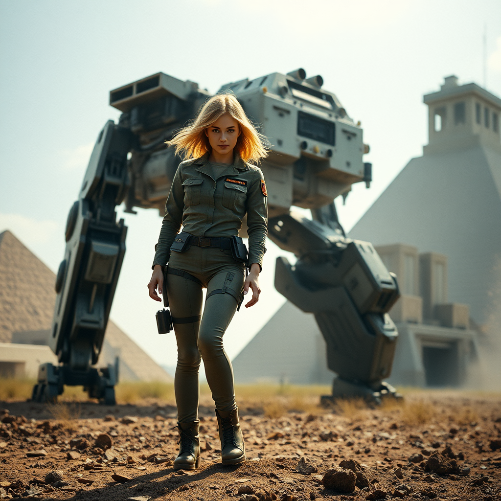 A full body shot of a pretty twenty-something female with a face resembling (ana de armas). strawberry blonde messy shoulder length hair tussled by wind. military outfit, "Benaenae" badge on the breast pocket, long legs, battlefield outside fortified pyramid bunker, standing on the foot of a battletech giant mech twice the height of buildings, Hyper-realistic, Photorealistic digital matte painting, soft focus, film grain, lens flare. gritty, dirty, scuffed.