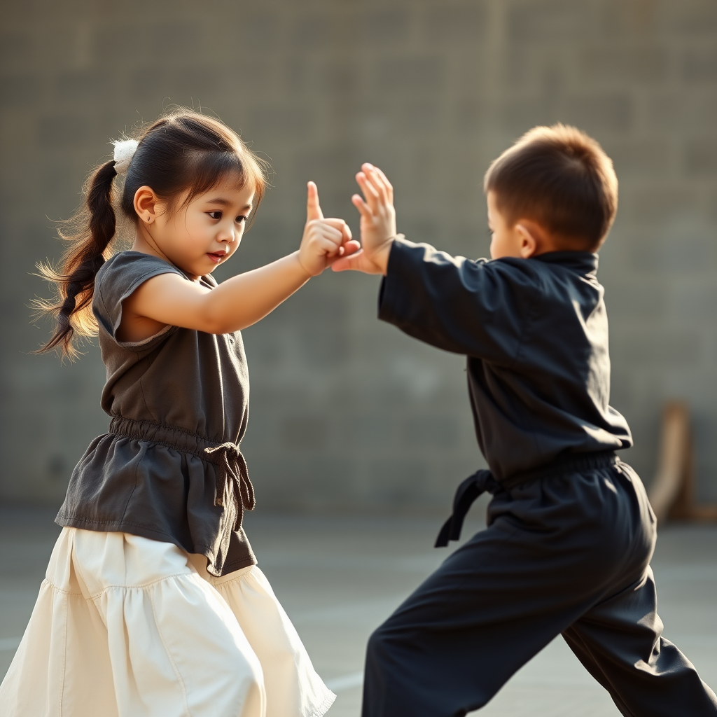 Little white girl kung fu fight against little black kid