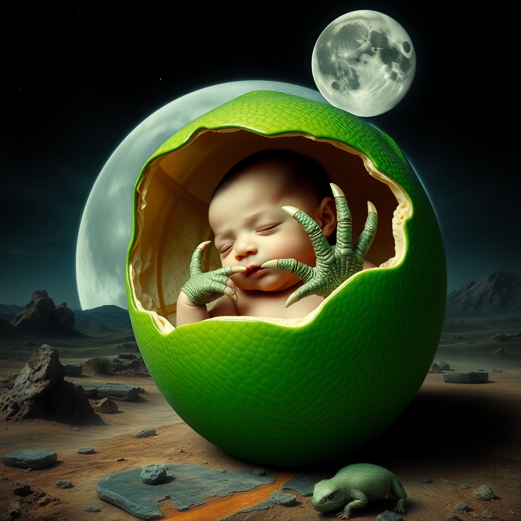 Create a photorealistic mixed picture in Salvador Dali style. With a fresh newborn human baby hatching from what looks like a green reptile egg. The baby has reptile hands with claws. Scene: Moon landscape.