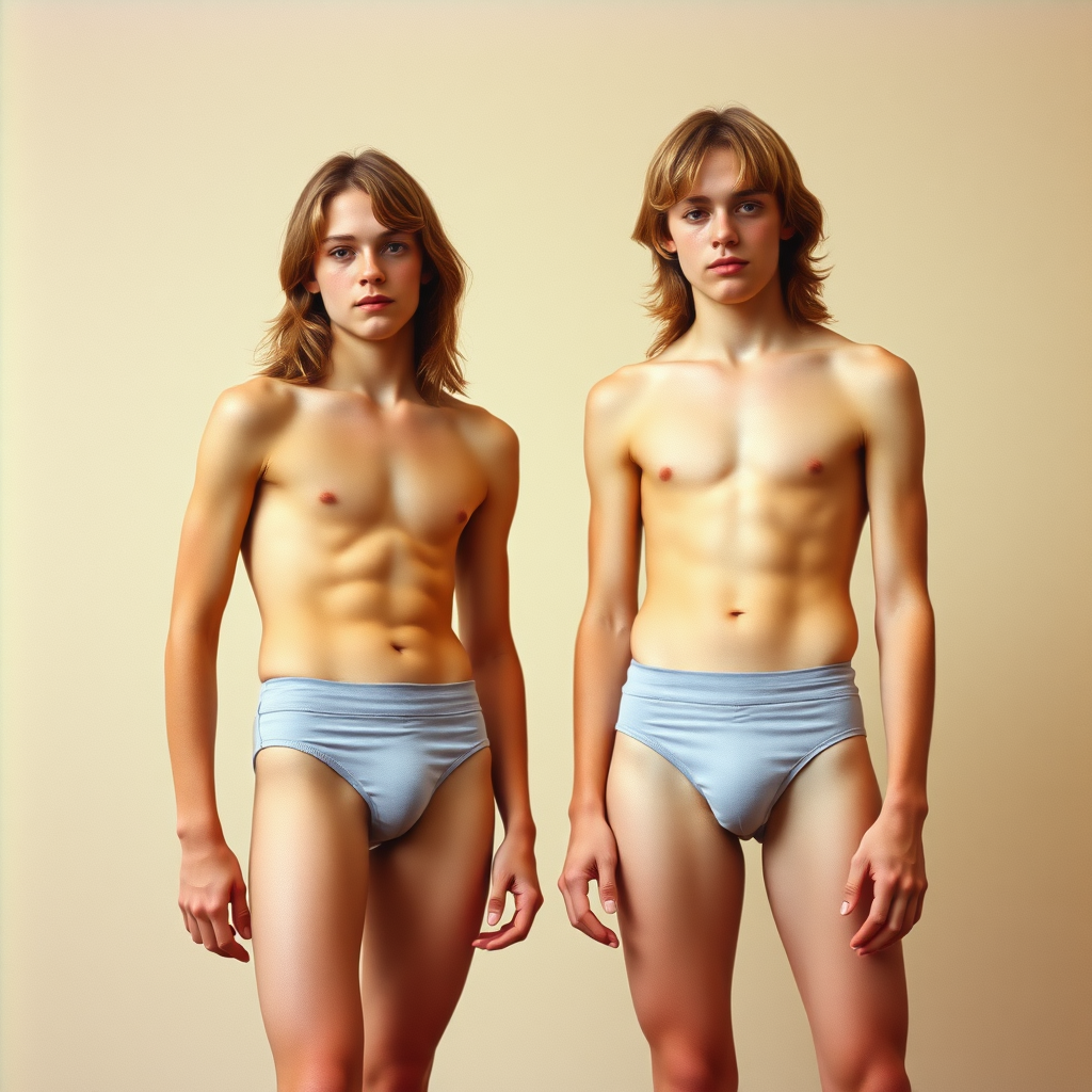 photorealistic, ultra high resolution, 16K. Two tall skinny 16yo teen boys wearing tight narrow girly briefs. Long hairs, long legs, bare thighs, narrow hips. Vintage photograph, 1980s.