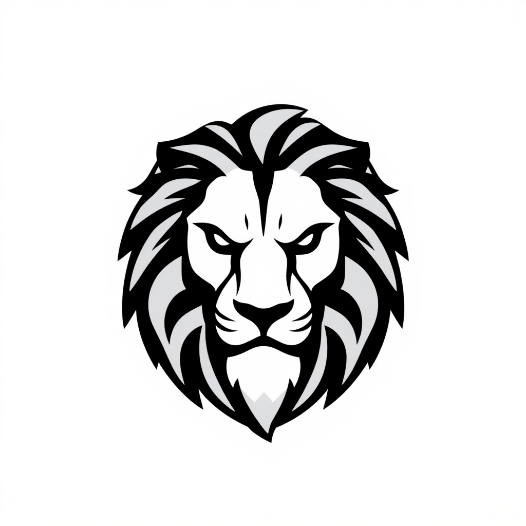 Create a logo design of a stylized lion. The logo should feature a bold and elegant representation of a lion's head, incorporating geometric shapes and smooth lines. Use a monochromatic color scheme, emphasizing black and white contrasts. The design should convey strength and majesty, suitable for a sports team or a brand. The background should be simple to ensure the lion logo stands out prominently.