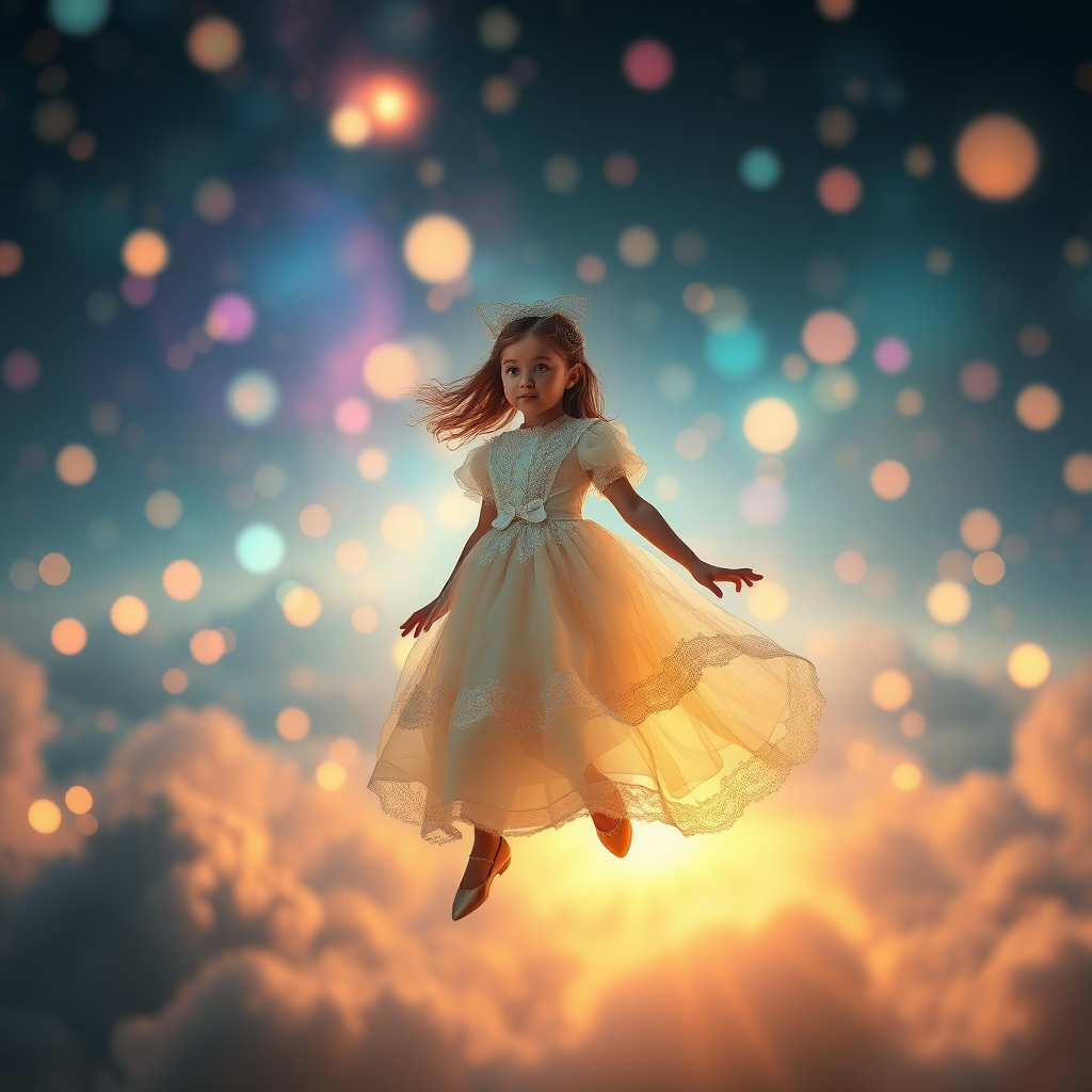 mandelbulb clouds, Low Key Lighting, dreamscape, nebula, Bokeh, abstract, brilliant colors, glittering, translucent, iridescent, glowing, artistic photo, panoramic, airy, original, experimental, fractal, generative art, calm, cinematic shot, opal, gold, preteen girl in Victorian dress floating