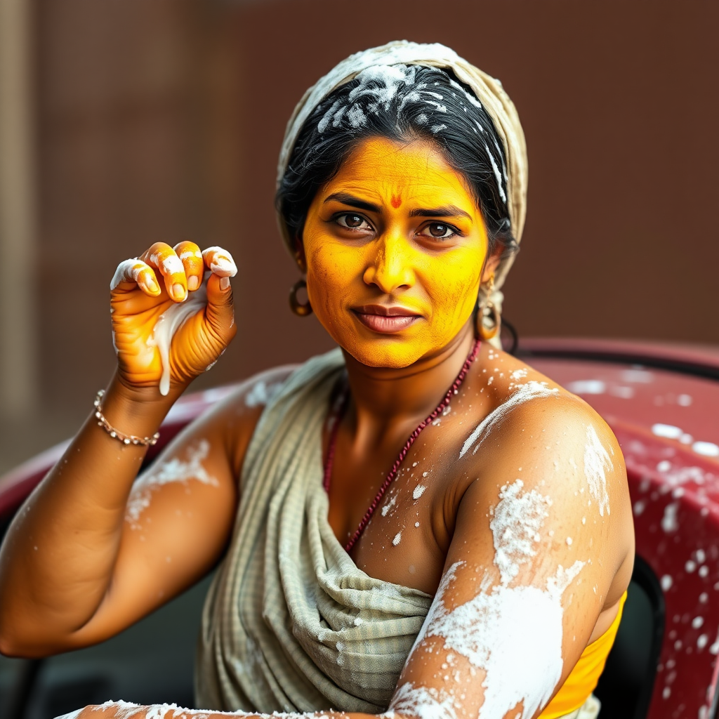 slim, curvy, traditional 30 year old indian maid with hair covering, her face is covered with turmeric mask and body is covered with soap lather. she is washing a car