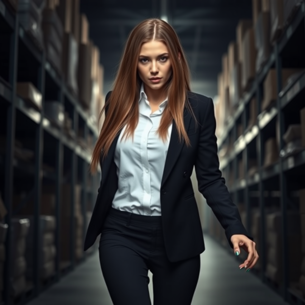 A beautiful straight long haired female burglar in a black blazer over white shirt with black pants escapes from a dark warehouse.